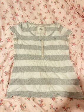 Abercrombie & Fitch Striped Henley Tee - Gray & White
